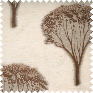 Brown beige color natural designs big trees with small leaves branches texture finished surface polyester transparent net fabric sheer curtain